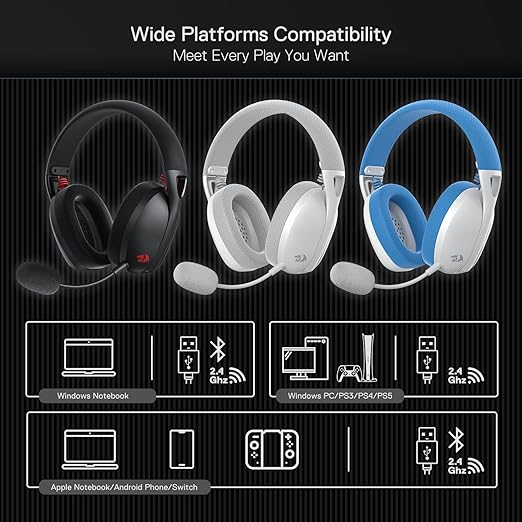 Redragon H848 IRE PRO Ultra-Light Wireless Gaming Headset – 3-Mode (2.4G/BT/Wired), 40mm Drivers, Virtual 7.1, 25H Battery, Detachable Mic – Black