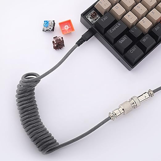 Redragon A115 Coiled USB-C Keyboard Cable – Double-Sleeved, Professional Reversed Coil, Aviator Connector, Gold-Plated USB-A – Space Gray / White