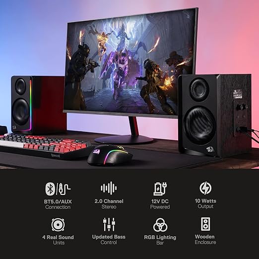 Redragon GS812 Wireless RGB Wooden Bookshelf Speakers – 2.0 Channel, 10W, 4x 3" Bass Drivers, BT5.0/AUX, Volume & Bass Knob, Headset & Mic Jacks, Dynamic RGB Bar – Black