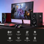 Redragon GS812 Wireless RGB Wooden Bookshelf Speakers – 2.0 Channel, 10W, 4x 3" Bass Drivers, BT5.0/AUX, Volume & Bass Knob, Headset & Mic Jacks, Dynamic RGB Bar – Black