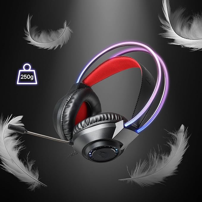 Redragon H231 SCREAM RGB Wired Gaming Headset – 40mm Drivers, Surround Sound, Retractable Headband, Memory Foam, 360° Noise-Canceling Mic, 250g Ultra-Light – Black/Red