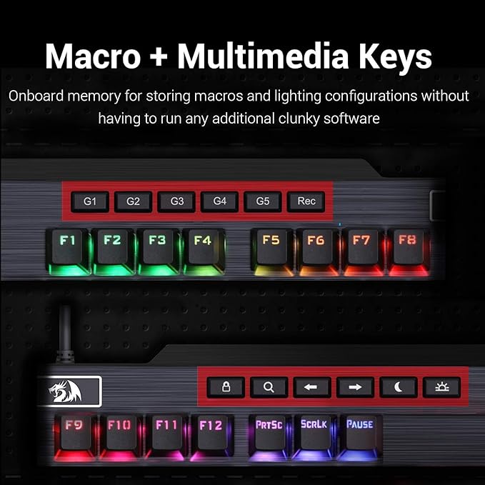 Redragon K555-R INDRAH RGB Wired Mechanical Gaming Keyboard – 104 Keys Full Size, Blue Switch, Macro Keys, Wrist Rest, Spill-Resistant – Black