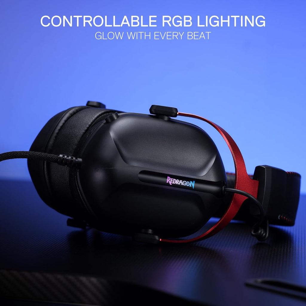 Redragon H312 CYBILL Virtual 7.1 Surround RGB USB Wired Gaming Headset – 50mm Drivers, Detachable Boom Mic, In-Line Control, Adjustable Ear Cup, Mesh Leather Headband – Black/Red