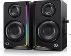 Redragon GS812 Wireless RGB Wooden Bookshelf Speakers – 2.0 Channel, 10W, 4x 3" Bass Drivers, BT5.0/AUX, Volume & Bass Knob, Headset & Mic Jacks, Dynamic RGB Bar – Black