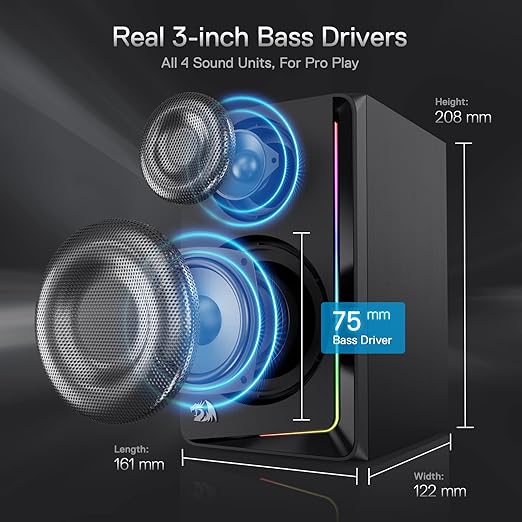 Redragon GS812 Wireless RGB Wooden Bookshelf Speakers – 2.0 Channel, 10W, 4x 3" Bass Drivers, BT5.0/AUX, Volume & Bass Knob, Headset & Mic Jacks, Dynamic RGB Bar – Black