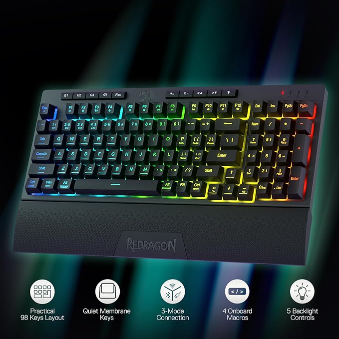Redragon K515 PRO Shiva RGB 3-Mode Wireless Membrane Gaming Keyboard – 98 Keys, Detachable Wrist Rest