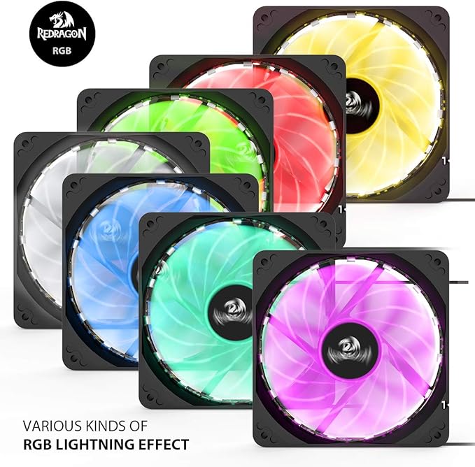 Redragon 120mm RGB Case Fan 3-Pack – 15 LEDs, 7 Colors, 1200 RPM, Super Quiet High Airflow, Wireless Remote Fan Speed Control, 6-PIN Connector – Black