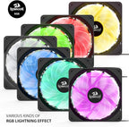 Redragon 120mm RGB Case Fan 3-Pack – 15 LEDs, 7 Colors, 1200 RPM, Super Quiet High Airflow, Wireless Remote Fan Speed Control, 6-PIN Connector – Black