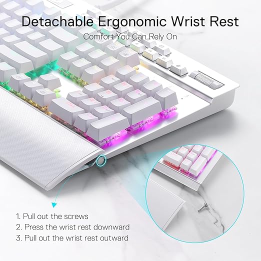 Redragon K550 YAMA RGB Wired Mechanical Gaming Keyboard – Full Size, Brown Switch, 12 Macro Keys, Volume Wheel, USB Pass-through, Detachable Wrist Rest – White