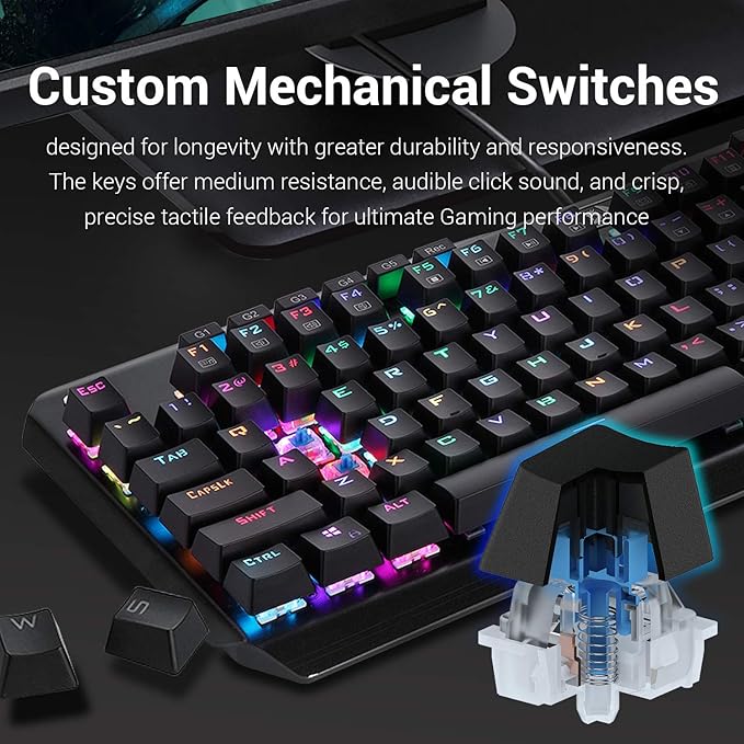 Redragon K555-R INDRAH RGB Wired Mechanical Gaming Keyboard – 104 Keys Full Size, Blue Switch, Macro Keys, Wrist Rest, Spill-Resistant – Black