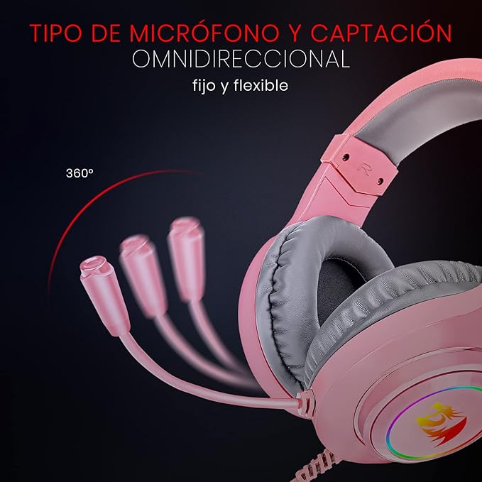 Redragon H260 HYLAS RGB Wired Gaming Headset – 50mm Drivers, Stereo Surround, 360° Omnidirectional Mic, Passive Noise Isolation, Rainbow RGB, 3.5mm + USB – Pink