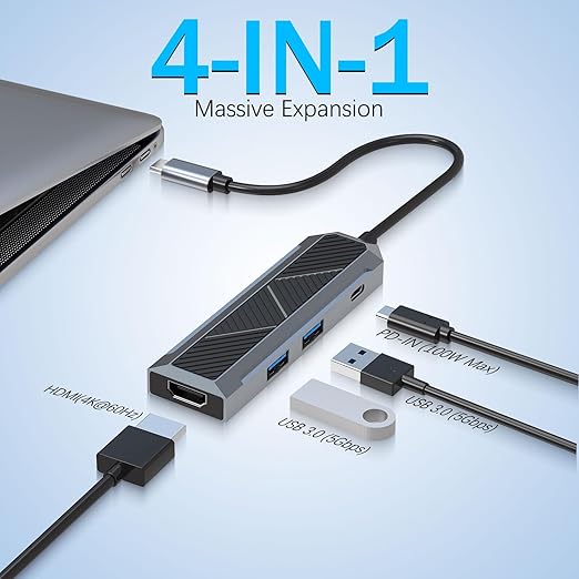 Redragon UCA-4 4-in-1 USB-C Hub – 4K@60Hz HDMI, 2x USB-A 5Gbps, 100W PD Pass-Through – MacBook, iPad, Windows, Android – Space Gray