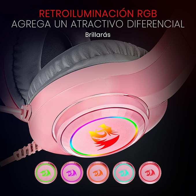 Redragon H260 HYLAS RGB Wired Gaming Headset – 50mm Drivers, Stereo Surround, 360° Omnidirectional Mic, Passive Noise Isolation, Rainbow RGB, 3.5mm + USB – Pink
