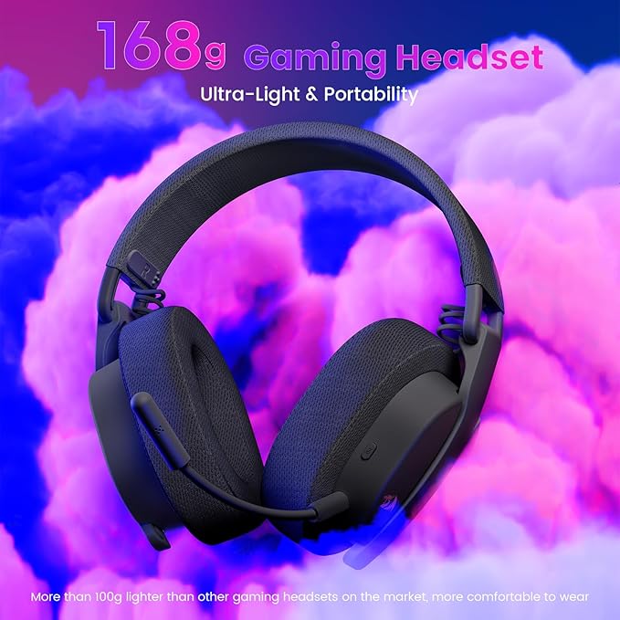 Redragon H888 3-in-1 Wireless Gaming Headset – 168g Ultra-Light, 40mm Drivers, Virtual 7.1 Surround, Mesh Fabric, Detachable Mic – Black / White