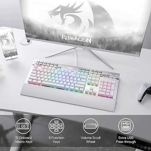 Redragon K550 YAMA RGB Wired Mechanical Gaming Keyboard – Full Size, Brown Switch, 12 Macro Keys, Volume Wheel, USB Pass-through, Detachable Wrist Rest – White