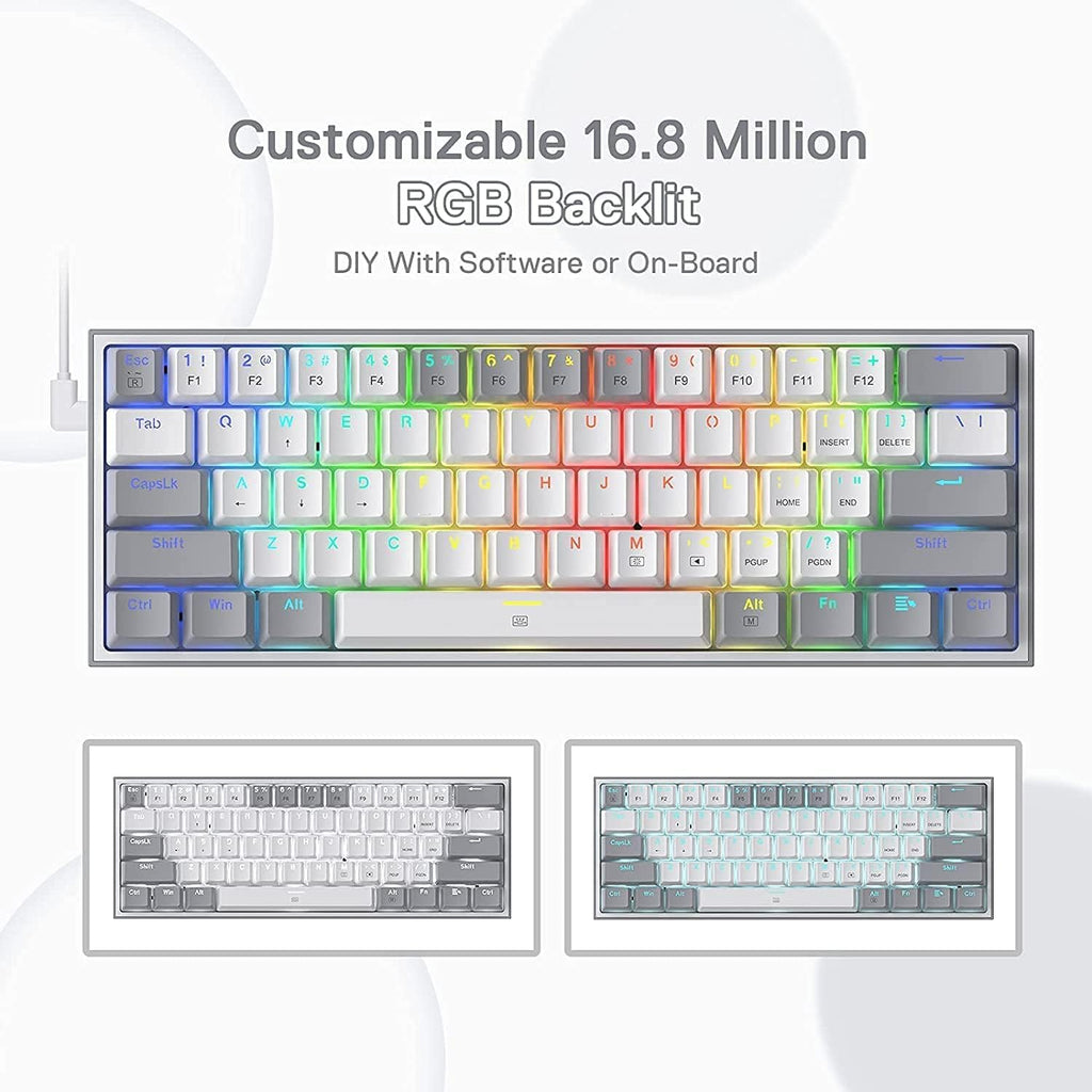 Redragon K616 FIZZ PRO RGB Wireless Tri-Mode Mechanical Gaming Keyboard – 61 Keys 60% Layout, Red Switch, N-Key Rollover, Detachable USB-C – White/Gray