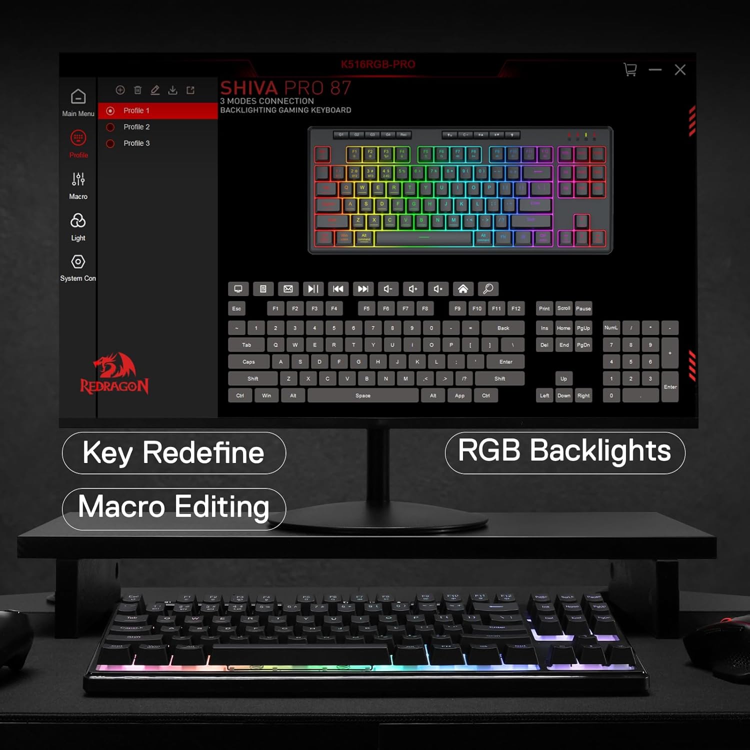 Redragon K516 PRO Shiva TKL RGB 3-Mode Wireless Membrane Gaming Keyboard – 87 Keys, 80% TKL Layout