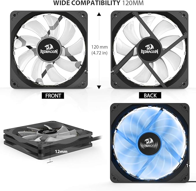 Redragon 120mm RGB Case Fan 3-Pack – 15 LEDs, 7 Colors, 1200 RPM, Super Quiet High Airflow, Wireless Remote Fan Speed Control, 6-PIN Connector – Black