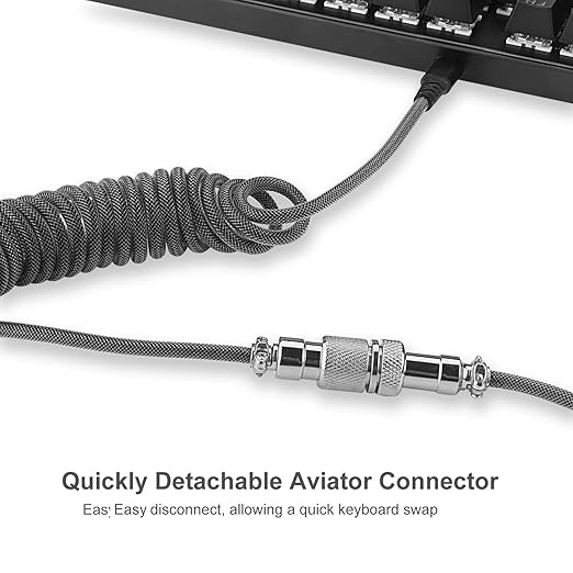 Redragon A115 Coiled USB-C Keyboard Cable – Double-Sleeved, Professional Reversed Coil, Aviator Connector, Gold-Plated USB-A – Space Gray / White