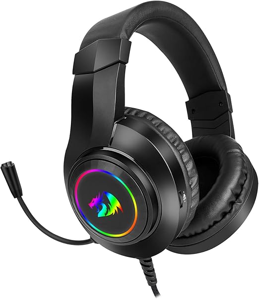 Redragon H260 HYLAS RGB Wired Gaming Headset – Rainbow RGB Ring, Leather Ear Cups, Flexible Gooseneck Mic, On-Cup Volume Slider, 3.5mm + USB – Black / White