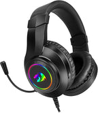 Redragon H260 HYLAS RGB Wired Gaming Headset – Rainbow RGB Ring, Leather Ear Cups, Flexible Gooseneck Mic, On-Cup Volume Slider, 3.5mm + USB – Black / White