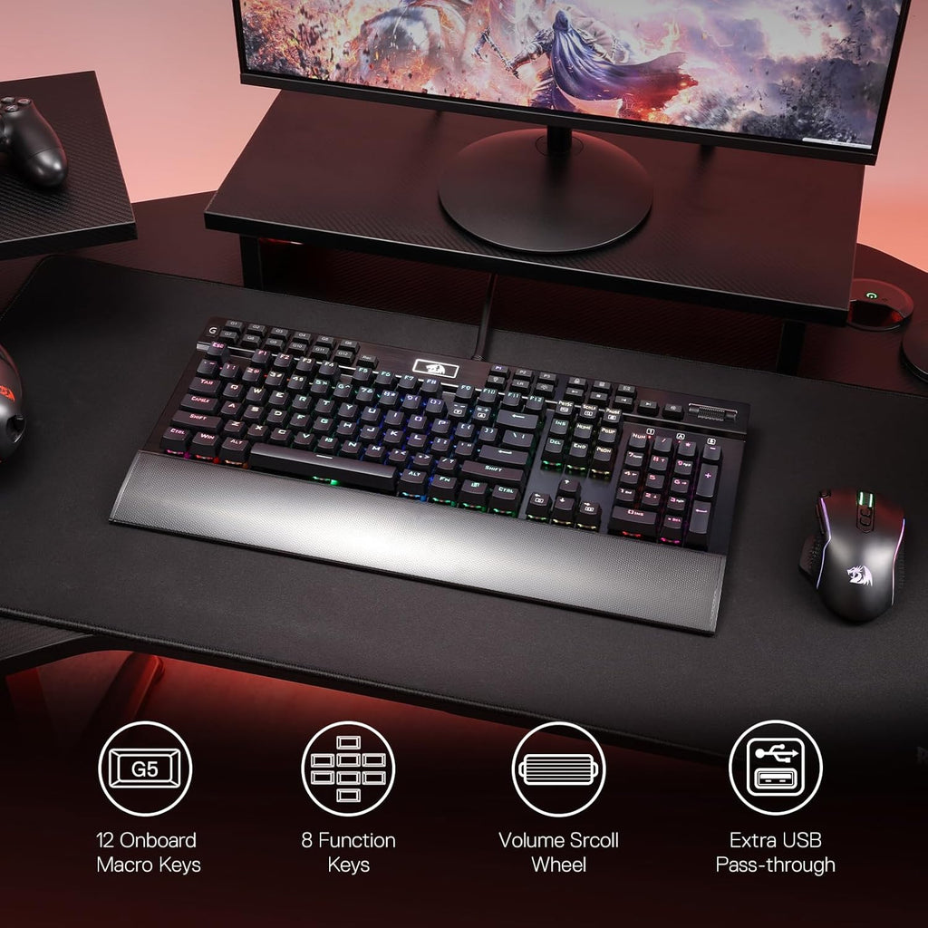 Redragon K550 YAMA RGB Wired Mechanical Gaming Keyboard – Full Size, Purple Switch, 12 Macro Keys, Volume Wheel, USB Pass-through, Detachable Wrist Rest – Black