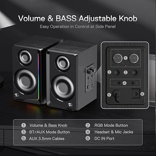 Redragon GS812 Wireless RGB Wooden Bookshelf Speakers – 2.0 Channel, 10W, 4x 3" Bass Drivers, BT5.0/AUX, Volume & Bass Knob, Headset & Mic Jacks, Dynamic RGB Bar – Black
