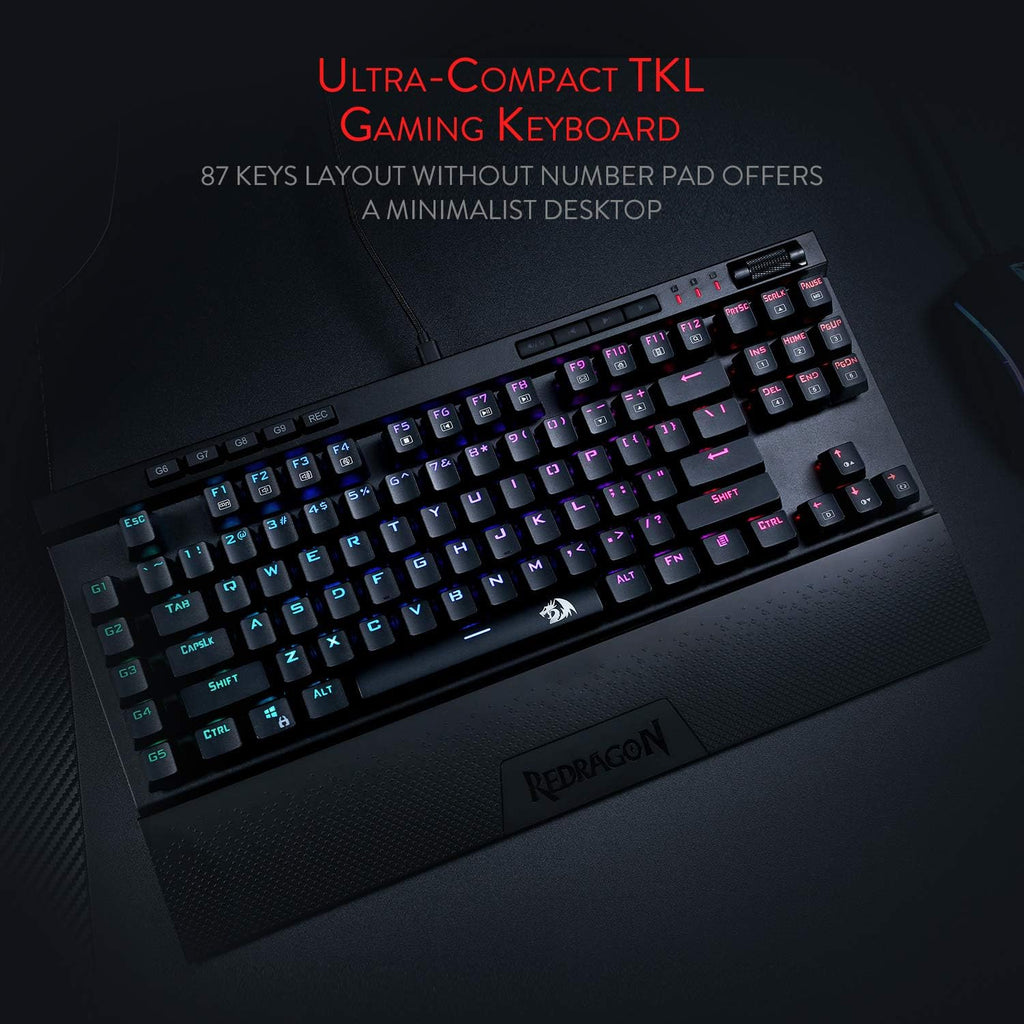 Redragon K587 MAGIC-WAND RGB TKL Wired Gaming Keyboard – 87 Keys, Optical Blue Switch, 9 Macro Keys, Type-C, Detachable Wrist Rest – Black