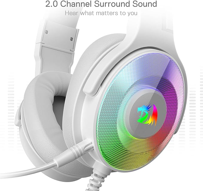 Redragon H350 RGB Wired Gaming Headset – 50mm Drivers, 2.0 Stereo Surround, RGB Earcup Underglow (Dynamic/Static/Off), Detachable Noise-Canceling Mic, In-Line Control – White