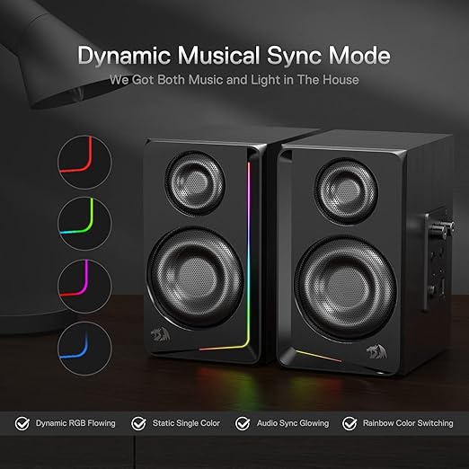 Redragon GS812 Wireless RGB Wooden Bookshelf Speakers – 2.0 Channel, 10W, 4x 3" Bass Drivers, BT5.0/AUX, Volume & Bass Knob, Headset & Mic Jacks, Dynamic RGB Bar – Black