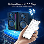 Redragon GS812 Wireless RGB Wooden Bookshelf Speakers – 2.0 Channel, 10W, 4x 3" Bass Drivers, BT5.0/AUX, Volume & Bass Knob, Headset & Mic Jacks, Dynamic RGB Bar – Black