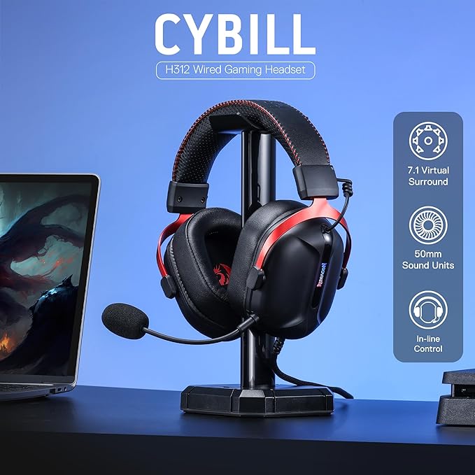 Redragon H312 CYBILL Virtual 7.1 Surround RGB USB Wired Gaming Headset – 50mm Drivers, Detachable Boom Mic, In-Line Control, Adjustable Ear Cup, Mesh Leather Headband – Black/Red