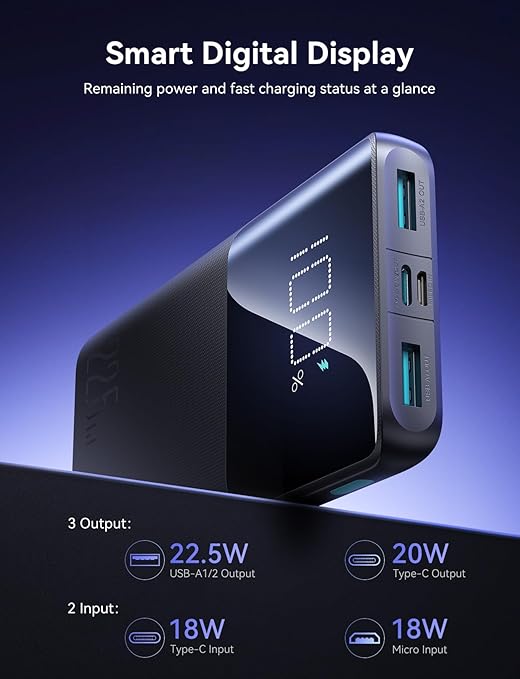 جوي روم باور بانك JR-QP191 22.5W 10000mAh مع شاشة رقمية - اسود