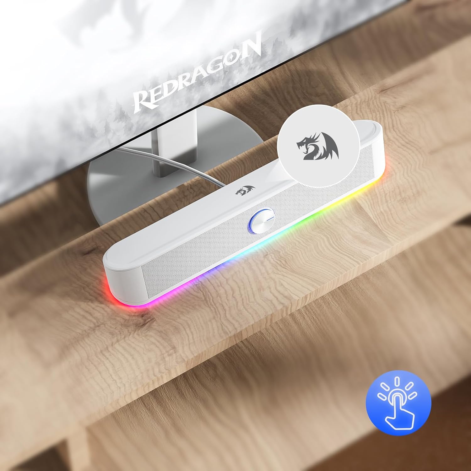 Redragon GS560W Adiemus RGB Desktop Soundbar – Dual 4W Drivers Touch RGB Control USB + 3.5mm (White)