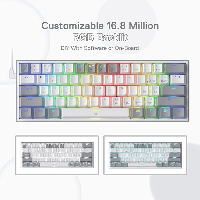 Redragon K617 FIZZ RGB Wired Mechanical Gaming Keyboard – 61 Keys 60% Layout, Red Switch, 16.8M RGB, Detachable USB-C, 430g Ultra-Light