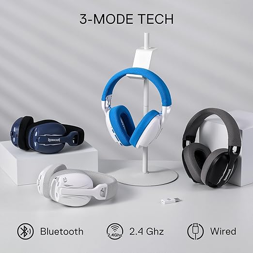 Redragon H878 SKULD PRO 3-Mode Wireless Gaming Headset – 40mm Drivers, Virtual 7.1, 200g Featherlight, Washable Fabric, Detachable Mic, Blue Vibe Lighting – White/Blue