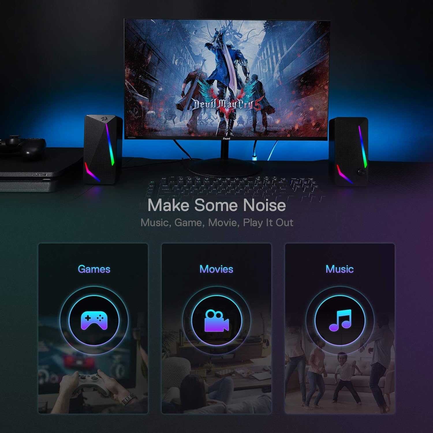 Redragon GS510 Waltz RGB Desktop Speakers – 2.0 Channel 4 LED Modes Touch Control Enhanced Bass