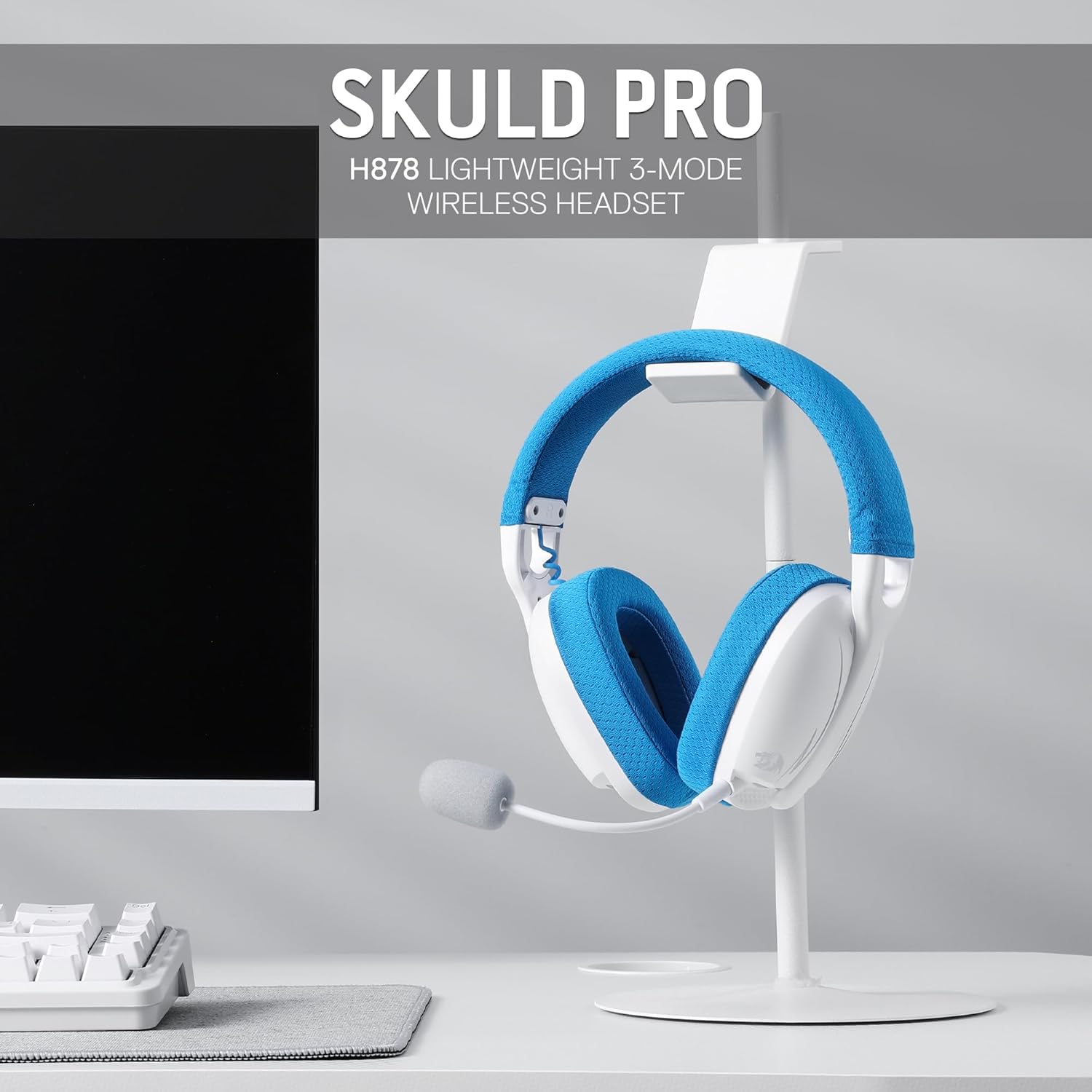 Redragon H878 SKULD PRO 3-Mode Wireless Gaming Headset – 40mm Drivers, Virtual 7.1, 200g Featherlight, Washable Fabric, Detachable Mic, Blue Vibe Lighting – White/Blue