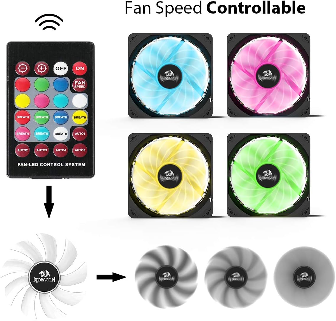 Redragon 120mm RGB Case Fan 3-Pack – 15 LEDs, 7 Colors, 1200 RPM, Super Quiet High Airflow, Wireless Remote Fan Speed Control, 6-PIN Connector – Black