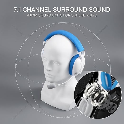 Redragon H878 SKULD PRO 3-Mode Wireless Gaming Headset – 40mm Drivers, Virtual 7.1, 200g Featherlight, Washable Fabric, Detachable Mic, Blue Vibe Lighting – White/Blue