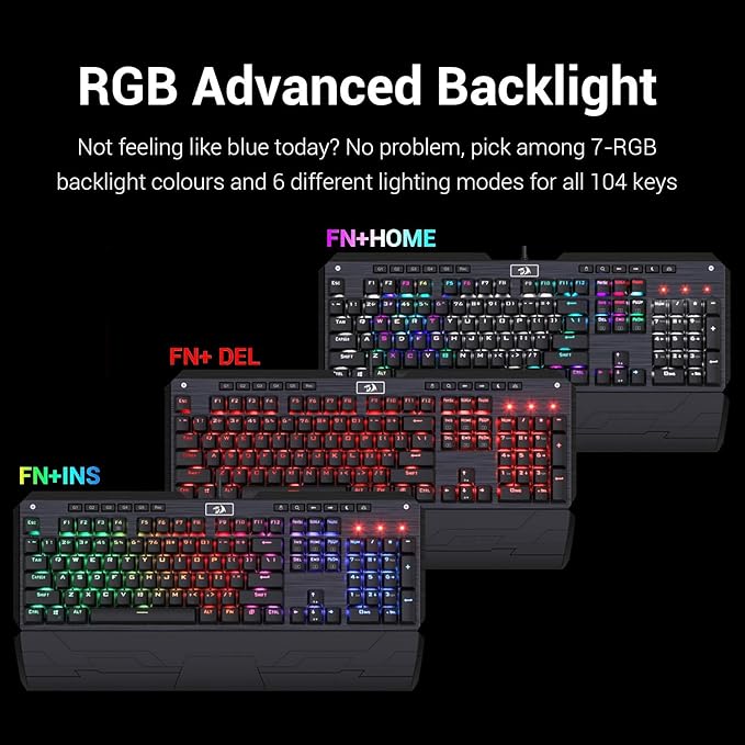 Redragon K555-R INDRAH RGB Wired Mechanical Gaming Keyboard – 104 Keys Full Size, Blue Switch, Macro Keys, Wrist Rest, Spill-Resistant – Black