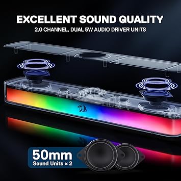 Redragon GS515 RGB Desktop Soundbar – 2.0 Channel 5W×2 BT 5.3 USB-C 6 RGB Modes