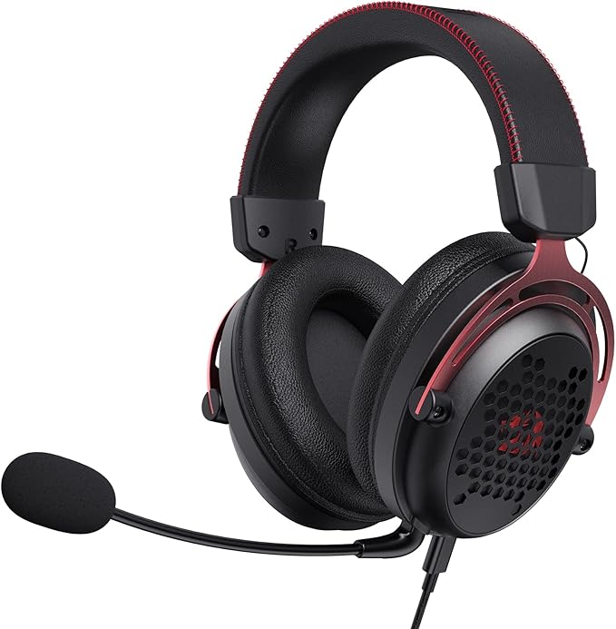 Redragon H386 DIOMEDES Wired Gaming Headset – 7.1 Surround Sound, 53mm Drivers, 188g Honeycomb Shell, Steel Frame, Detachable Boom Mic, USB-C/AUX/USB-A – Black/Red