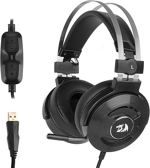 Redragon H991 TRITON Wired Gaming Headset – Virtual 7.1 Surround Sound, ANC Microphone, Super Soft Ear Pads, In-Line Control – Black/Silver