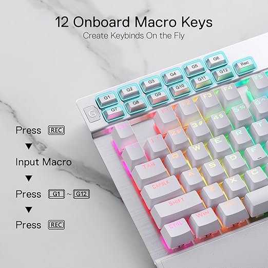 Redragon K550 YAMA RGB Wired Mechanical Gaming Keyboard – Full Size, Brown Switch, 12 Macro Keys, Volume Wheel, USB Pass-through, Detachable Wrist Rest – White