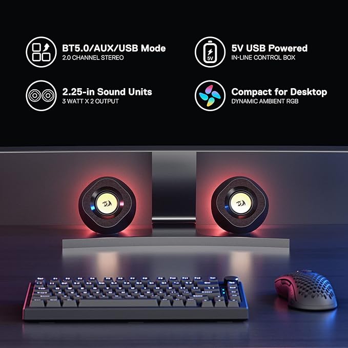 Redragon GS590 Wireless RGB Desktop Speakers – 2.0 Channel Stereo, 3Wx2, 2.25" Drivers, BT5.0/AUX/USB, In-Line Control Box, Dynamic Ambient RGB Backlight – Black