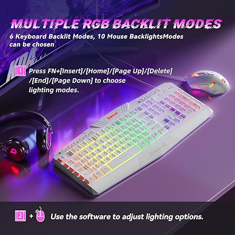 Redragon S101W RGB Gaming Keyboard & Mouse Combo Wired – 104 Keys Membrane, 5 Macro Keys, 6 RGB Modes + 7200 DPI Programmable Mouse, 10 RGB Modes – White