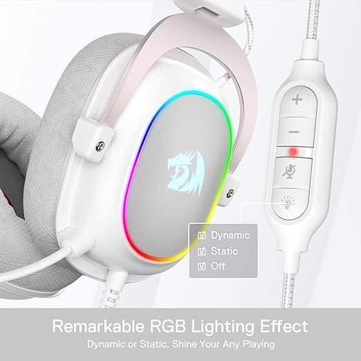 Redragon H510W ZEUS-X RGB Wired Gaming Headset – 7.1 Surround Sound, 53mm Drivers, Memory Foam + Fabric Ear Pads, Rainbow RGB (Dynamic/Static/Off), Detachable Boom Mic, In-Line Control, USB – White