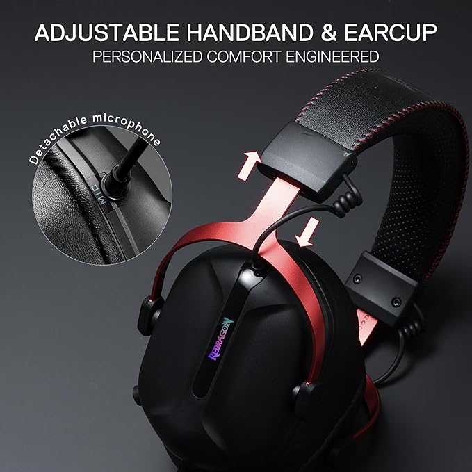 Redragon H312 CYBILL Virtual 7.1 Surround RGB USB Wired Gaming Headset – 50mm Drivers, Detachable Boom Mic, In-Line Control, Adjustable Ear Cup, Mesh Leather Headband – Black/Red