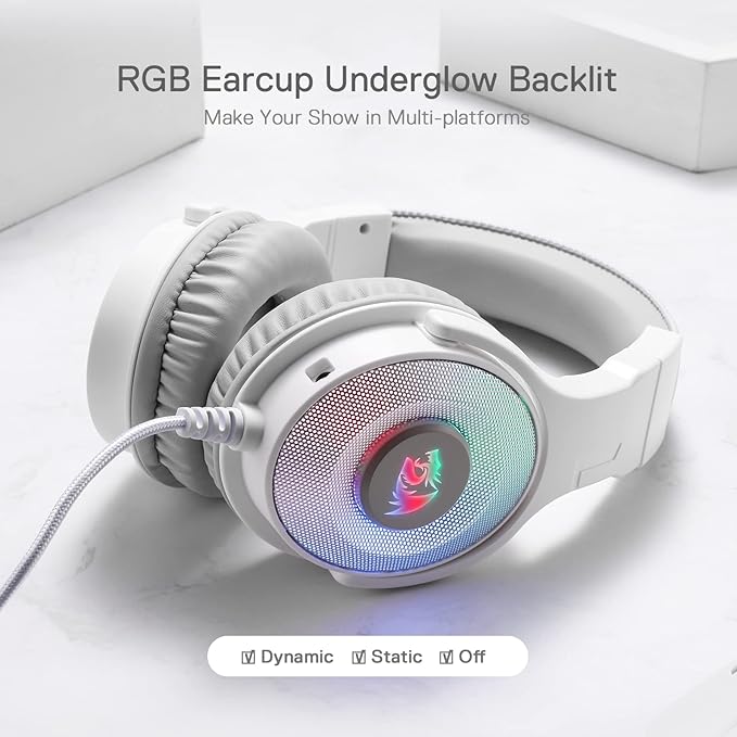 Redragon H350 RGB Wired Gaming Headset – 50mm Drivers, 2.0 Stereo Surround, RGB Earcup Underglow (Dynamic/Static/Off), Detachable Noise-Canceling Mic, In-Line Control – White